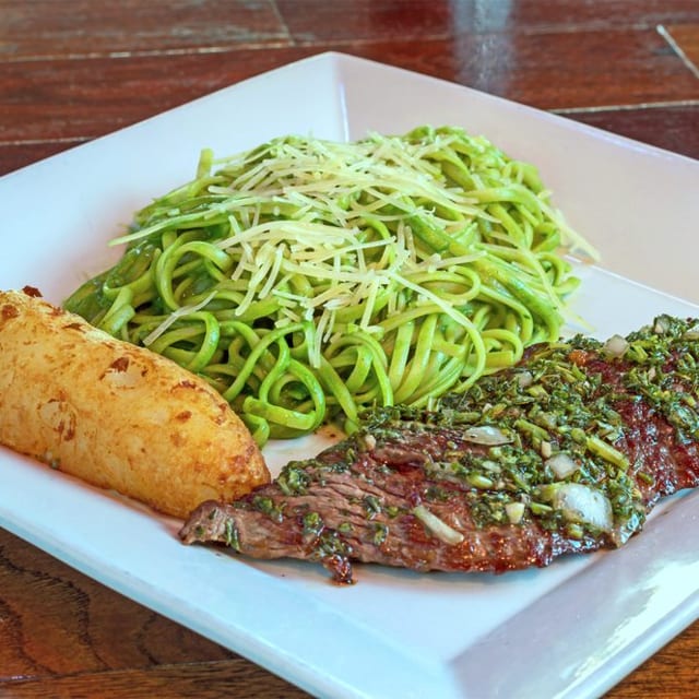 Tallarin Verde with Churrasco Steak.
